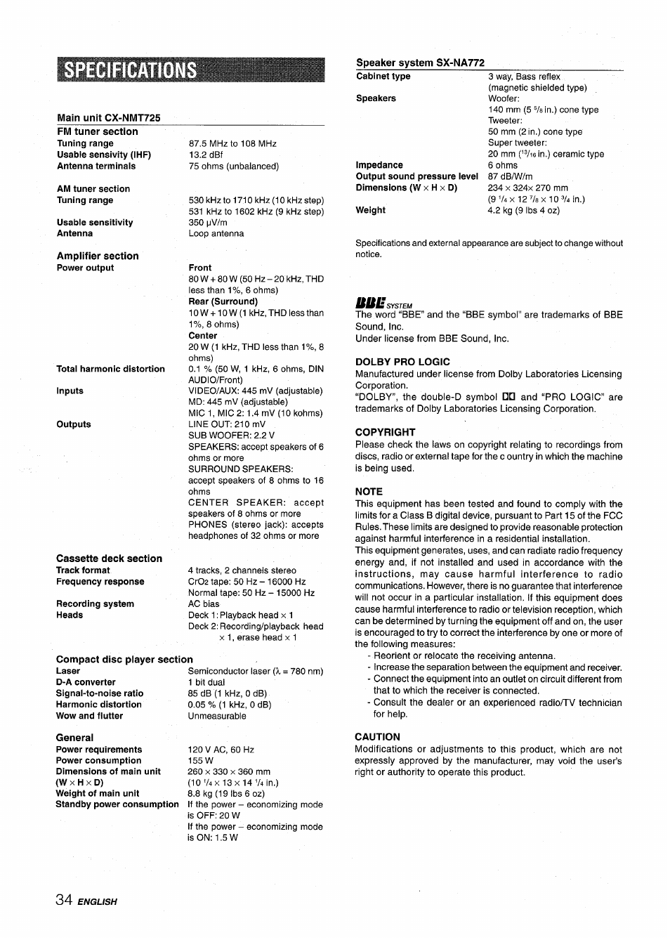 Speaker system sx-na772, Main unit cx-nmt725, General | Specifications | Aiwa NSX-MT725 User Manual | Page 34 / 104
