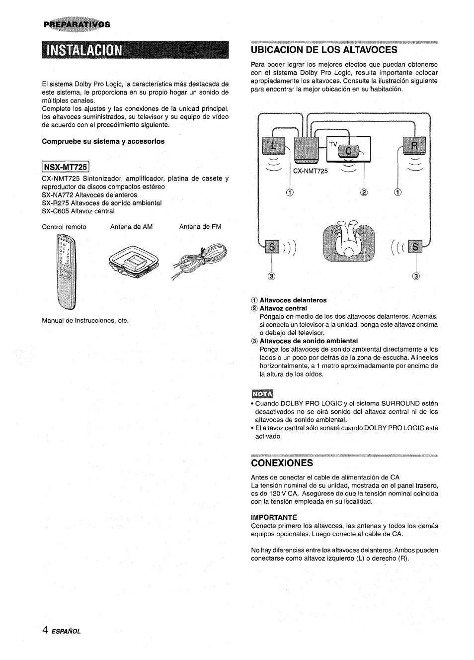 Instalacio, Compruebe su sistema y accesorios, Ubicacion de los altavoces | Altavoces delanteros (d altavoz central, Conexiones, Importante | Aiwa NSX-MT725 User Manual | Page 38 / 104