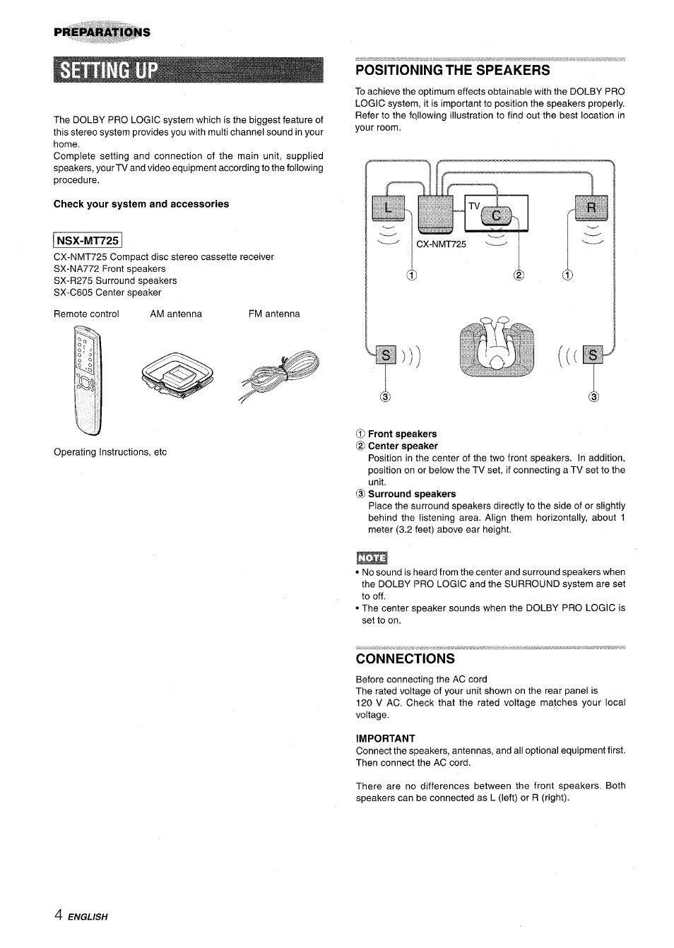 Nsx-mt725, Positioning the speakers, Connections | Aiwa NSX-MT725 User Manual | Page 4 / 104
