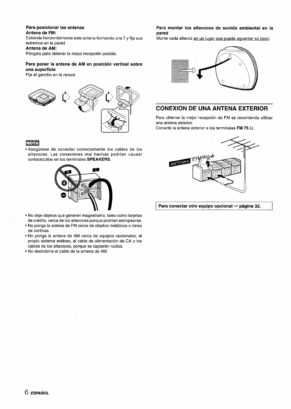 Para posicionar las antenas antena de fm, Conexion de una antena exterior | Aiwa NSX-MT725 User Manual | Page 40 / 104