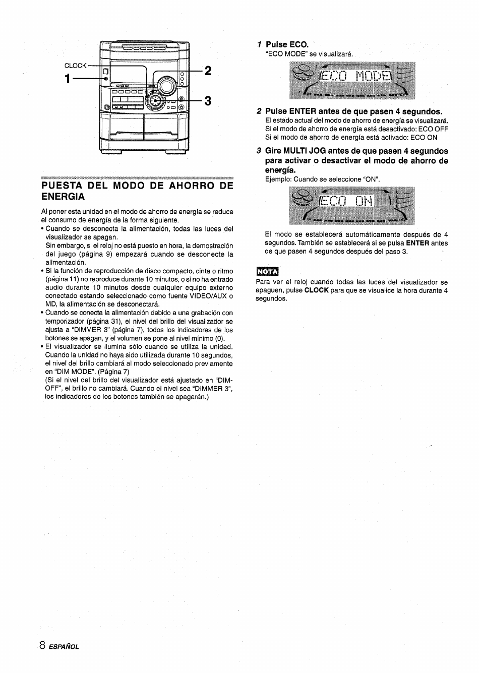 1 pulse eco, Puesta del modo de ahorro de energia, Pulse enter antes de que pasen 4 segundos | Eco on 1, Nüdbí, On 1 | Aiwa NSX-MT725 User Manual | Page 42 / 104