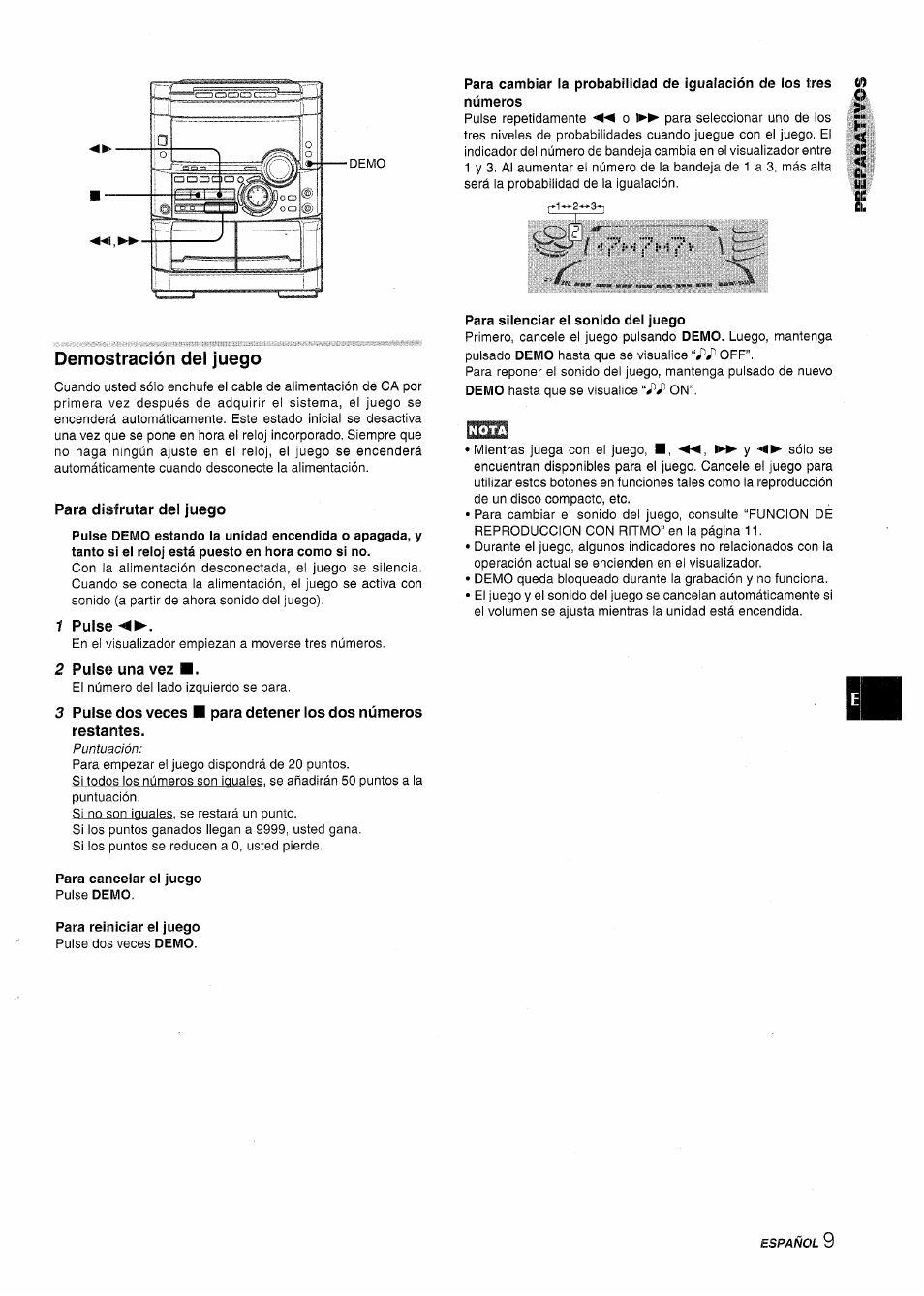 Demostración del juego, Para disfrutar del juego, 1 pulse | 2 pulse una vez | Aiwa NSX-MT725 User Manual | Page 43 / 104