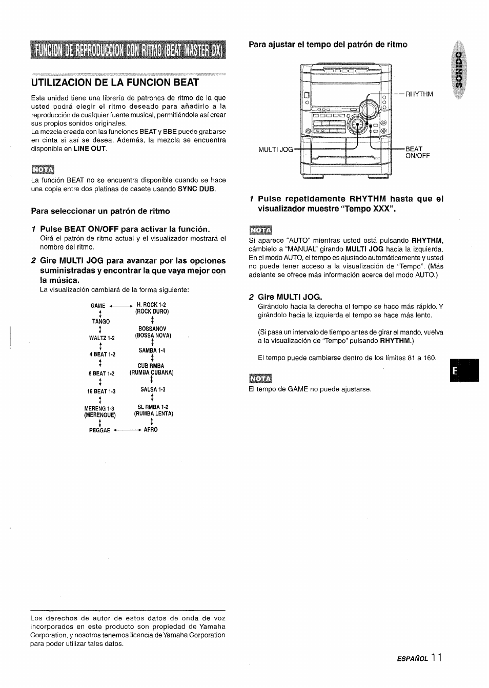 Utilizacion de la funcion beat, Para seleccionar un patrón de ritmo, 1 pulse beat on/off para activar la función | 2 gire multi jog | Aiwa NSX-MT725 User Manual | Page 45 / 104
