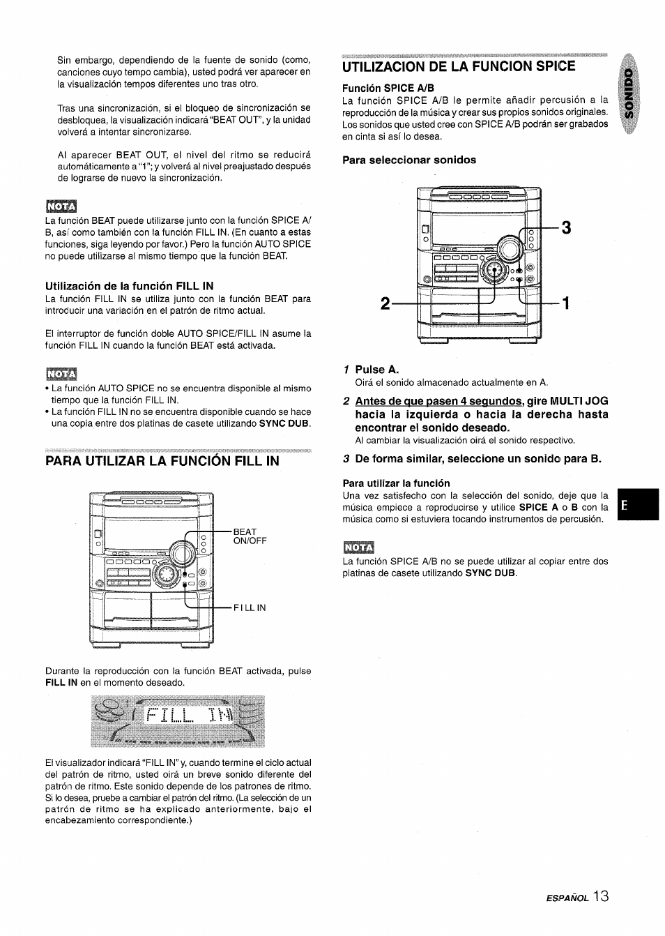 Utili:zación de la función fill in, Utilizacion de la funcion spice, Función spice a/b | Para seleccionar sonidos, Para utilizar la función fill in, 1 pulse a, Fill ih | Aiwa NSX-MT725 User Manual | Page 47 / 104