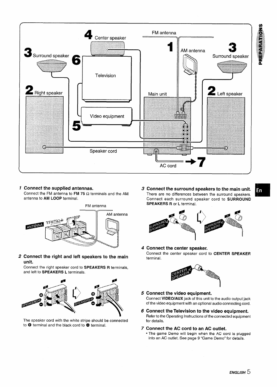 1 connect the supplied antennas, 3 connect the surround speakers to the main unit, Connect the center speaker | 5 connect the video equipment, 6 connect the television to the video equipmcmt, 7 connect the ac cord to an ac outlet | Aiwa NSX-MT725 User Manual | Page 5 / 104