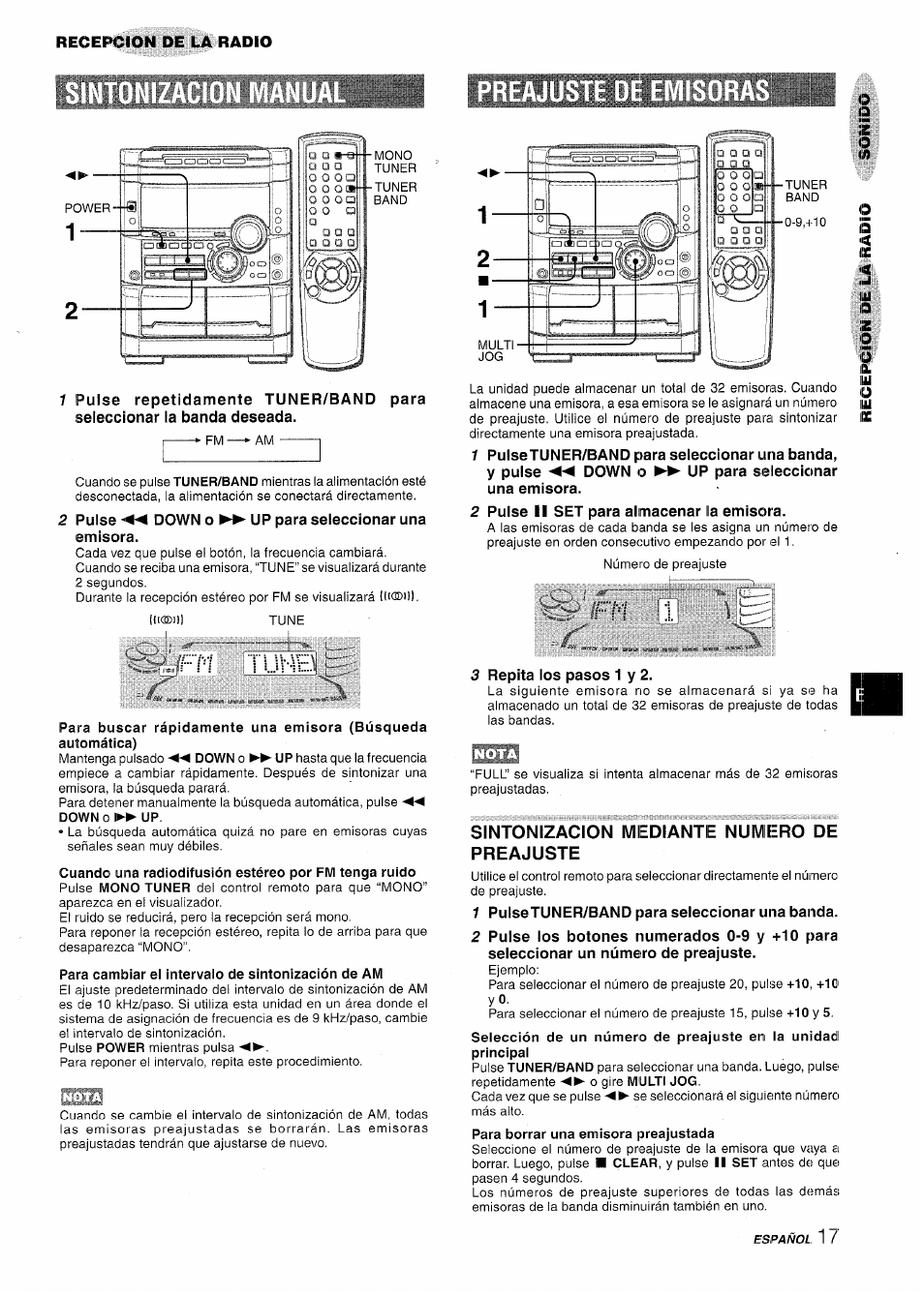 1 pulsetuner/band para seleccionar una banda, 2 pulse ii set para almacenar la emisora, Para cambiar el intervalo de sintonización de am | 3 repita los pasos 1 y 2, Sintonizacion mediante numero de preajuste | Aiwa NSX-MT725 User Manual | Page 51 / 104