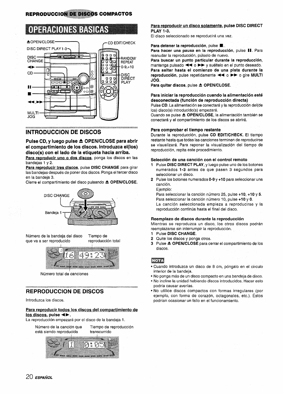 Operaciones basicas, Introduccion de discos, Para detener la reproducción, pulse | Para comprobar el tiempo restante, Selección de una canción con el control remoto, Reemplazo de discos durante la reproducción, Reproduccion de discos | Aiwa NSX-MT725 User Manual | Page 54 / 104