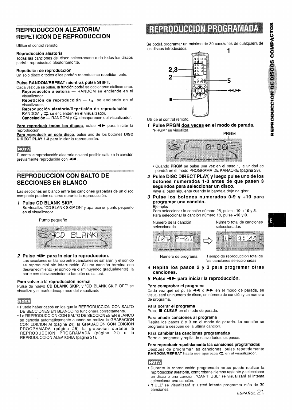 Reproduccion aleatoria/ repeticion de reproduccion, Reproduccion con salto de secciones en blanco, 1 pulse cd blank skip | Reproduccion programada, 1 pulse prgm dos veces en el modo de parada, 2 pulse para iniciar la reproducción, 5 pulse para iniciar ia reproducción | Aiwa NSX-MT725 User Manual | Page 55 / 104