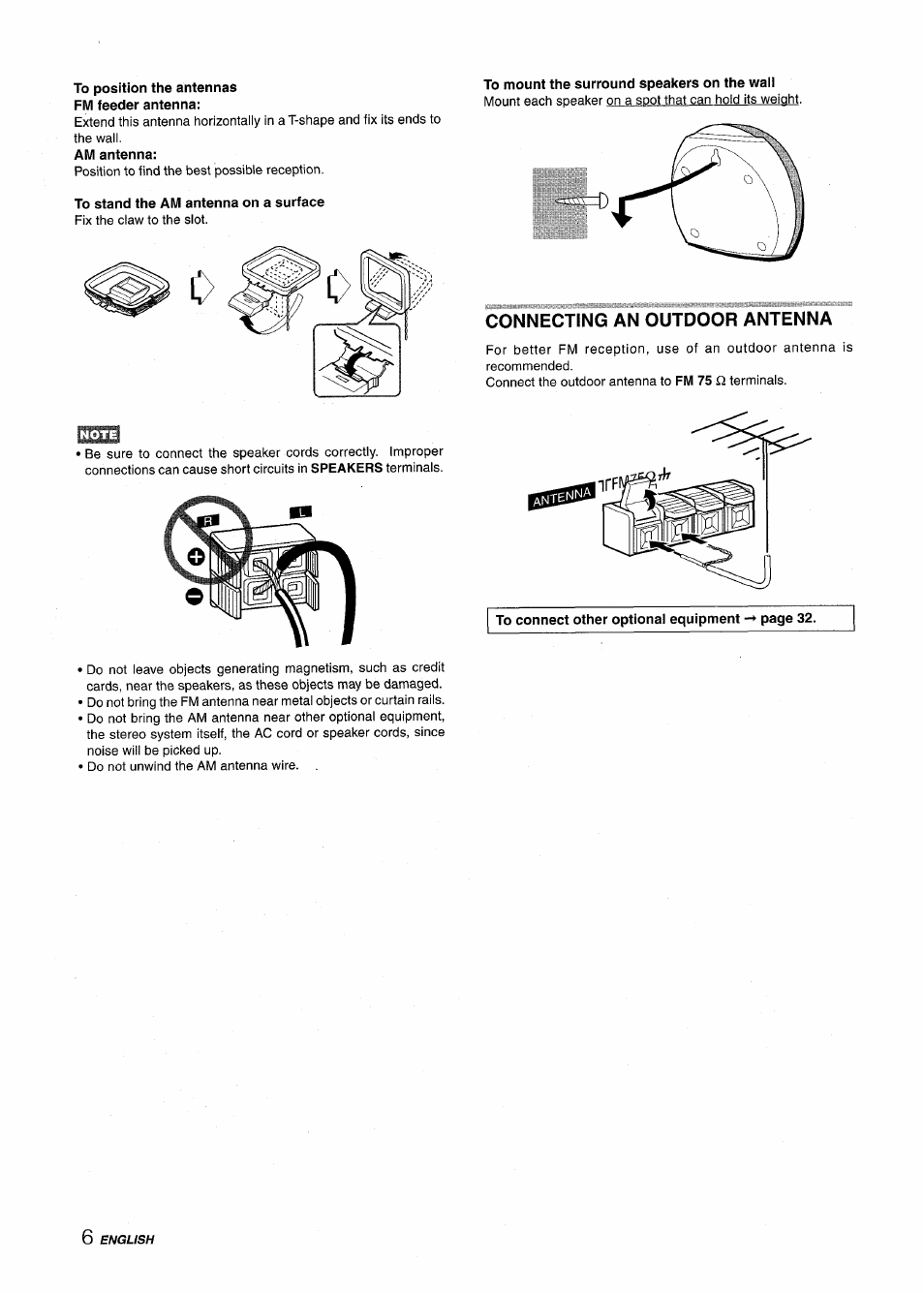 To position the antennas fm feeder antenna, Am antenna, To stand the am antenna on a surface | To mount the surround speakers on the waii, Connecting an outdoor antenna | Aiwa NSX-MT725 User Manual | Page 6 / 104