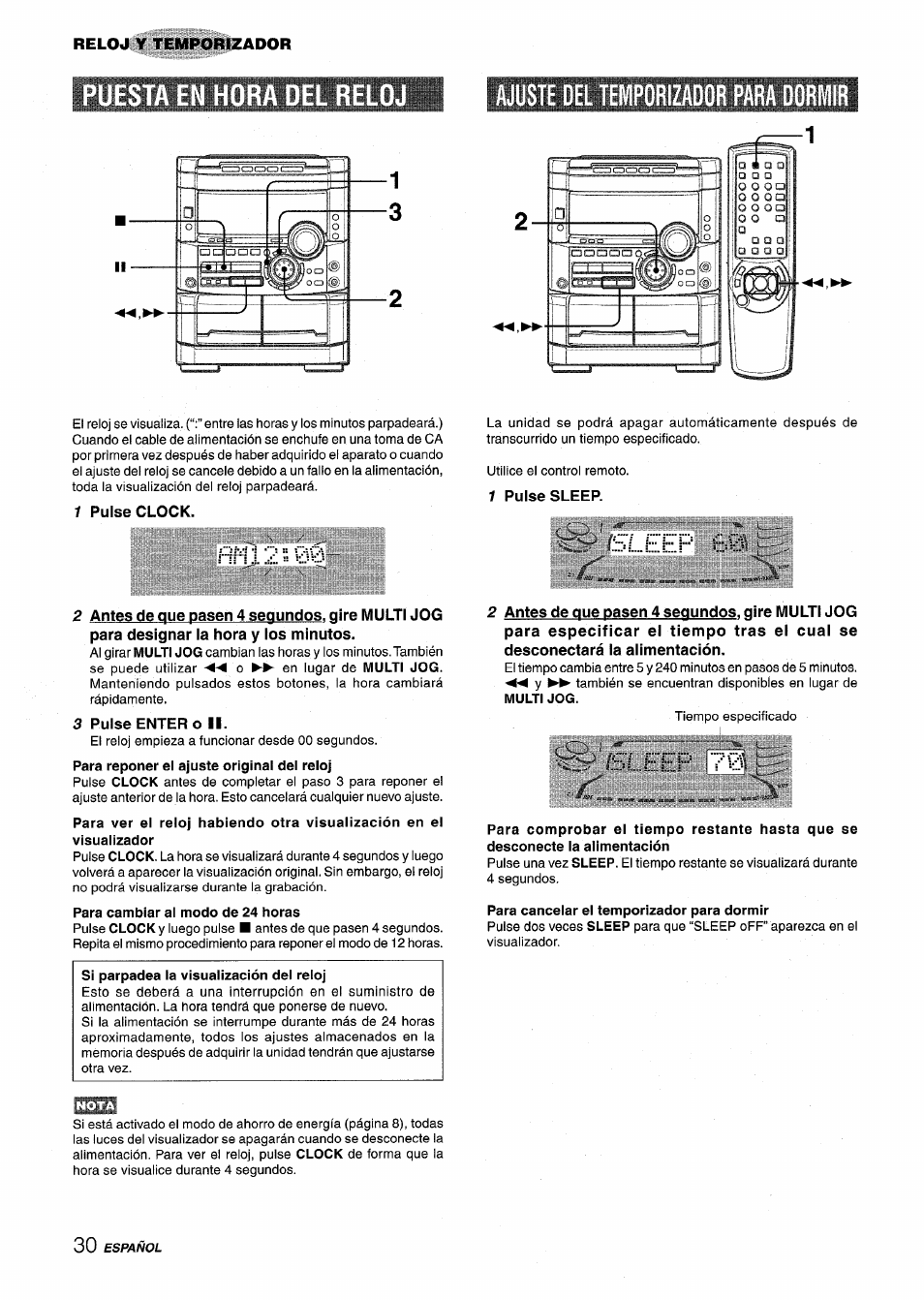 Ajuste del temporizador para dormir, 1 pulse clock, 3 pulse enter o ii | 1 pulse sleep, Sl.eep eö, Ista en hora del reloj | Aiwa NSX-MT725 User Manual | Page 64 / 104