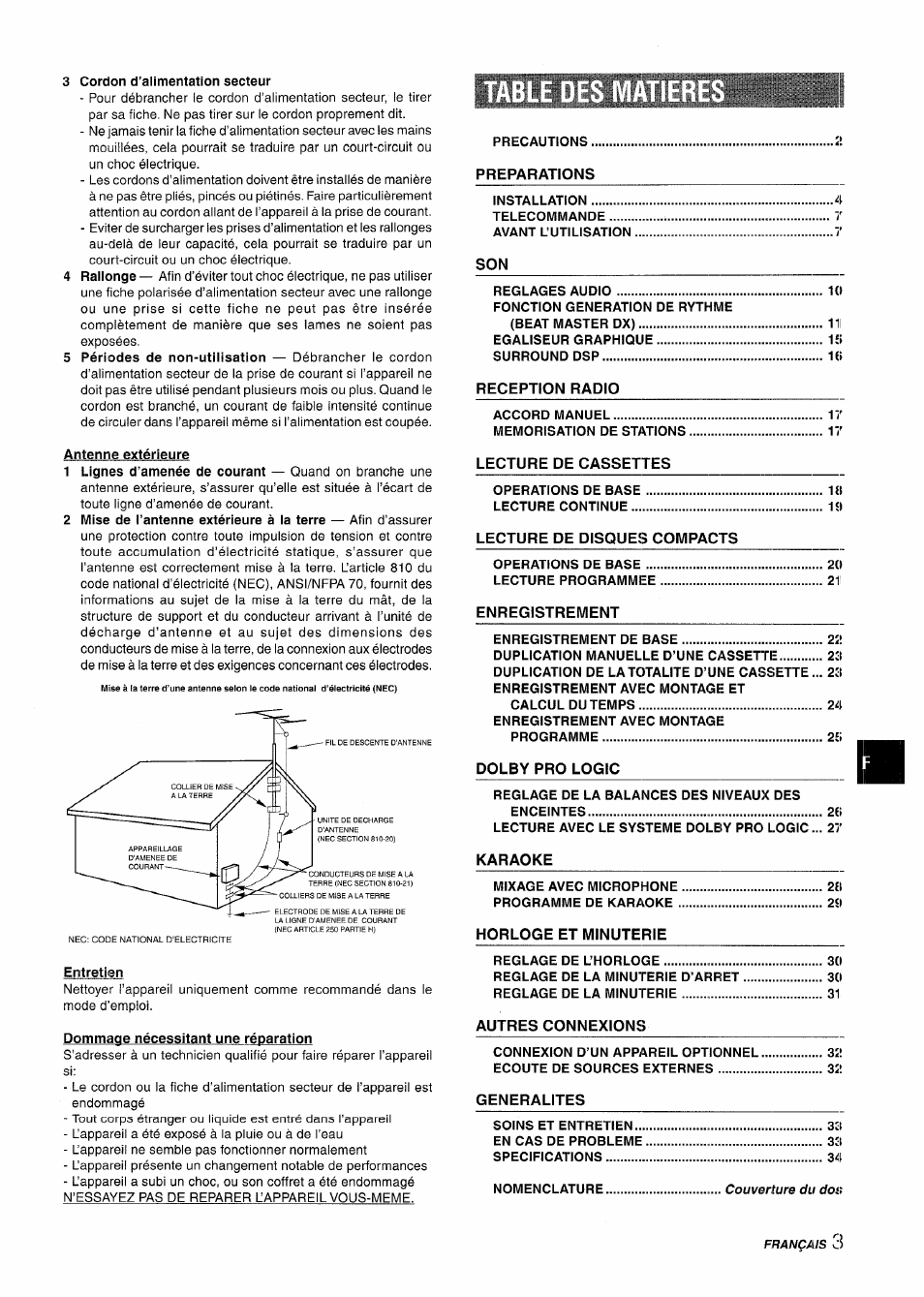 3 cordon d’alimentation secteur, Antenne extérieure, Français | Preparations, Reception radio, Lecture de cassettes, Lecture de disques compacts, Enregistrement, Dolby pro logic, Karaoke | Aiwa NSX-MT725 User Manual | Page 71 / 104