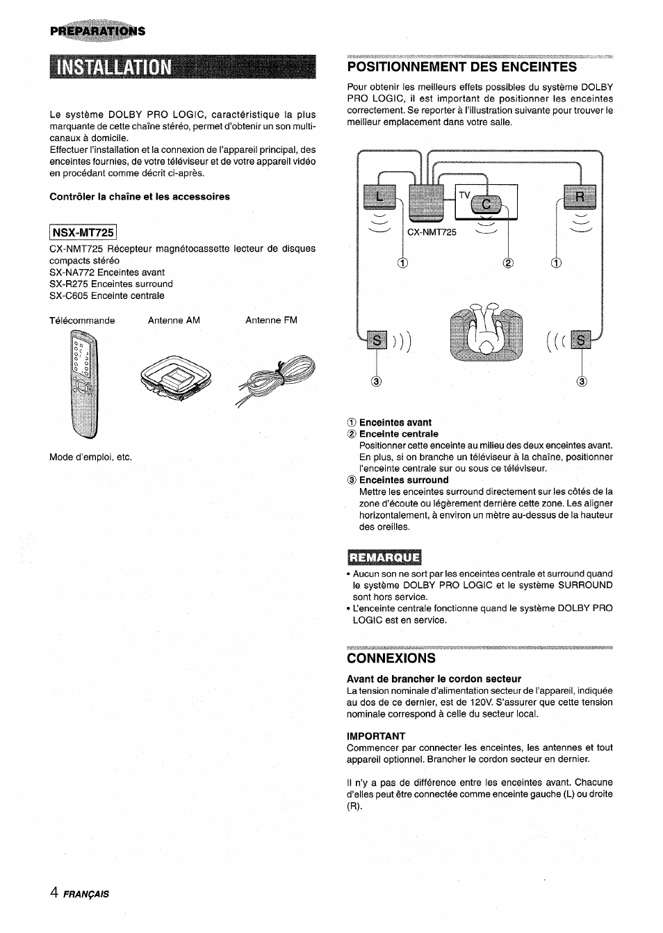 Installatio, Contrôler la chaîne et les accessoires, Nsx-mt725 | Avant de brancher ie cordon secteur, Français, Preparations, Positionnement des enceintes, Remarque, Connexions | Aiwa NSX-MT725 User Manual | Page 72 / 104