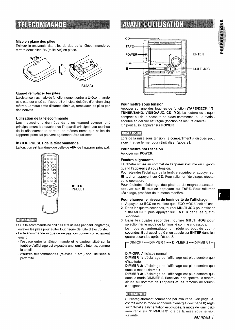 Quand remplacer les piles, Utilisation de ia téiécommande, Preset de la télécommande | Ëeæu, Françàils | Aiwa NSX-MT725 User Manual | Page 75 / 104