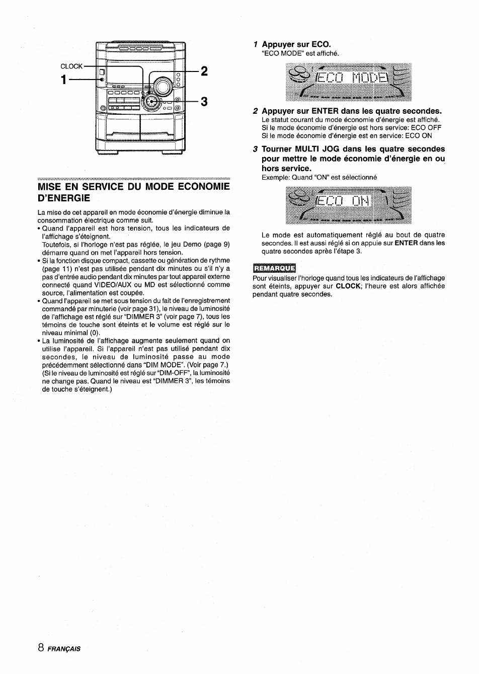 Mise en service du mode economie d’energie, 1 appuyer sur eco, 2 appuyer sur enter dans les quatre secondes | Ü'i -i, Français, Appuyer sur eco, Appuyer sur enter dans les quatre secondes | Aiwa NSX-MT725 User Manual | Page 76 / 104