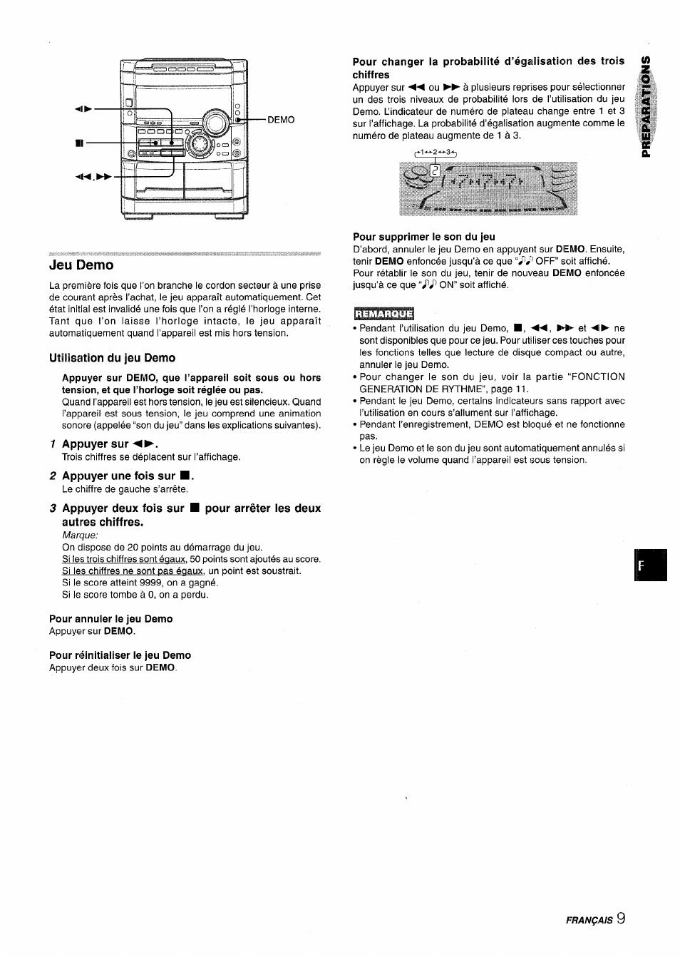 Jeu demo, Utilisation du jeu demo, 1 appuyer sur | 2 appuyer une fois sur, Pour annuler le jeu demo, Pour réinitialiser le jeu demo, Pour supprimer le son du jeu, Français, Demo, Appuyer sur | Aiwa NSX-MT725 User Manual | Page 77 / 104