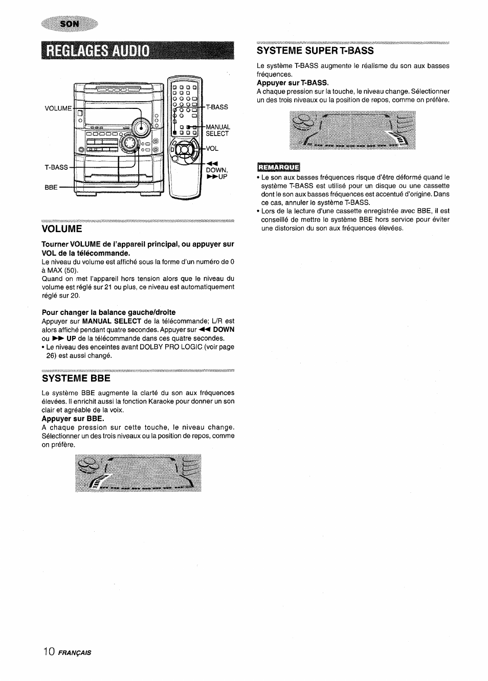 Reglages audi, Volume, Pour changer la balance gauche/droite | Systeme super t-bass, Systeme bbe, Reglages audio, Français | Aiwa NSX-MT725 User Manual | Page 78 / 104