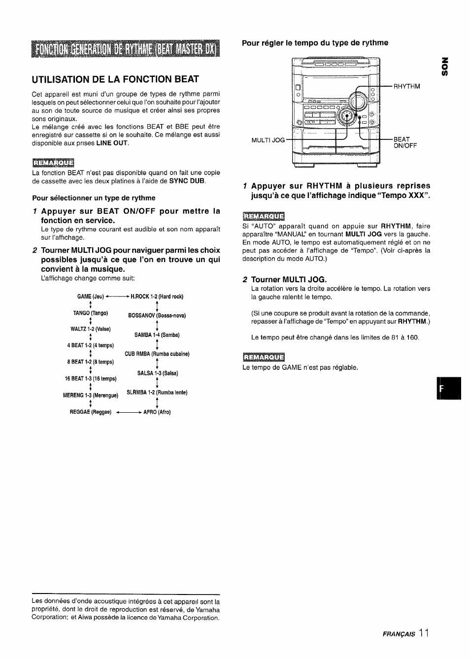 Utilisation de la fonction beat, Pour sélectionner un type de rythme, 2 tourner multi jog | Français | Aiwa NSX-MT725 User Manual | Page 79 / 104