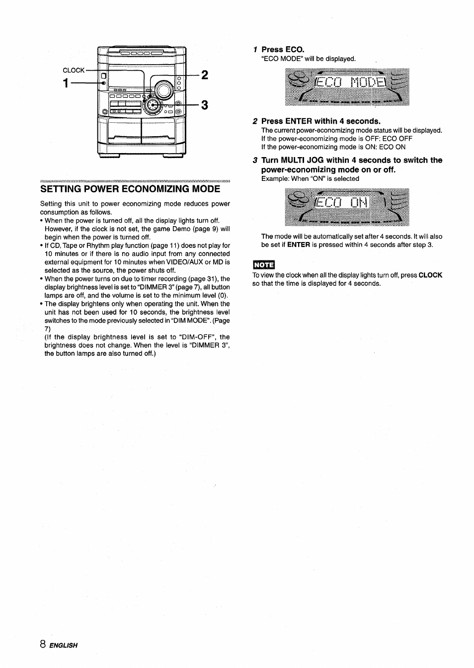 Setting power economizing mode, 1 press eco, Cn modb | 2 press enter within 4 seconds, Modb | Aiwa NSX-MT725 User Manual | Page 8 / 104