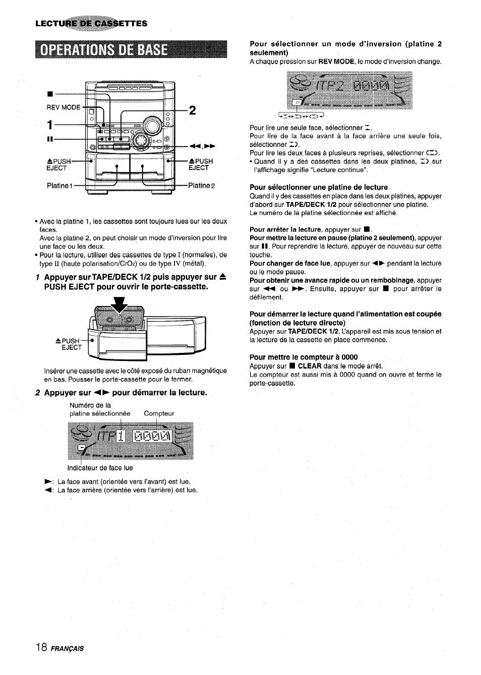 Operations oe ba, 2 appuyer sur pour démarrer la lecture, Rs =7'f2 00'0v:i | Pour sélectionner une platine de lecture, Pour mettre le compteur à 0000, Operations de base, R--ip\ri0, I t p 1, Iììì, Français | Aiwa NSX-MT725 User Manual | Page 86 / 104