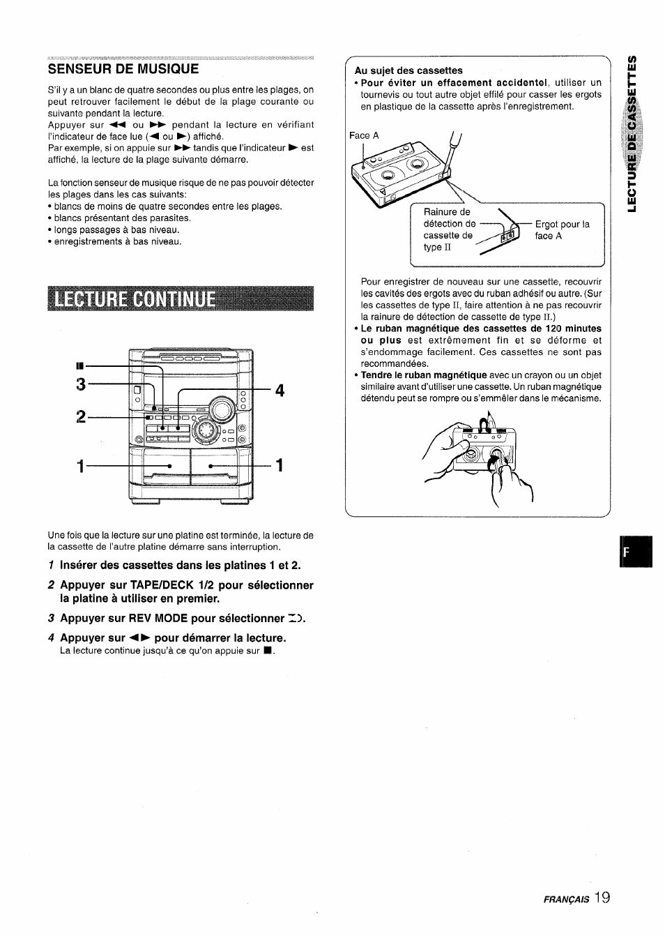 Senseur de musique, Lecture continue, 1 insérer des cassettes dans les platines 1 et 2 | 3 appuyer sur rev mode pour sélectionner zx, 4 appuyer sur pour démarrer la lecture, Lecture continue i), Français, Insérer des cassettes dans les platines 1 et 2, Appuyer sur rev mode pour sélectionner zx, Appuyer sur pour démarrer la lecture | Aiwa NSX-MT725 User Manual | Page 87 / 104