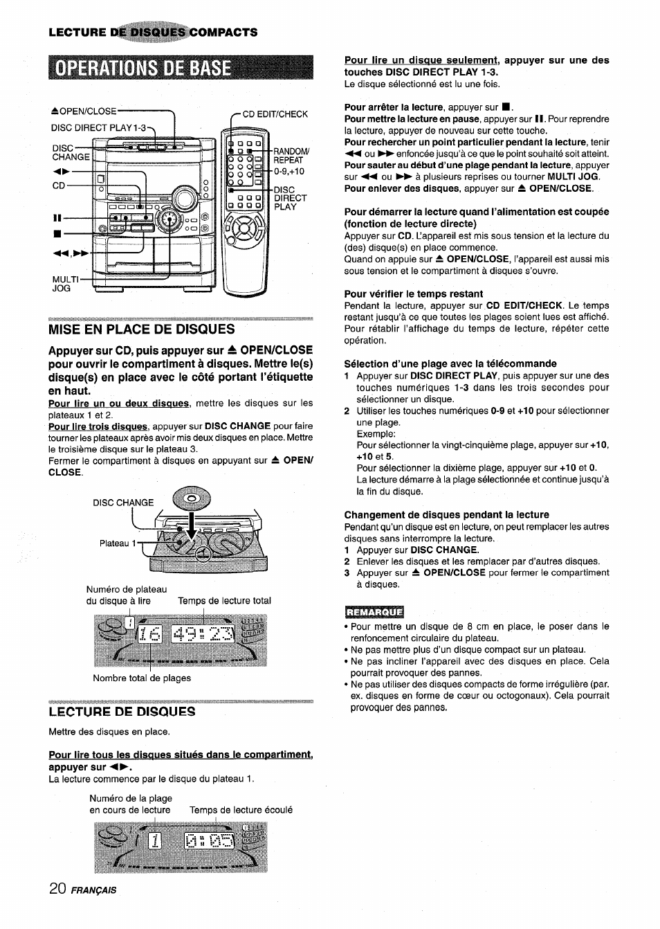 Operations de ba, Mise en place de disques, Lecture de disques | Pour vérifier le temps restant, Sélection d’une plage avec la télécommande, Changement de disques pendant la lecture, Operations de base, Français | Aiwa NSX-MT725 User Manual | Page 88 / 104