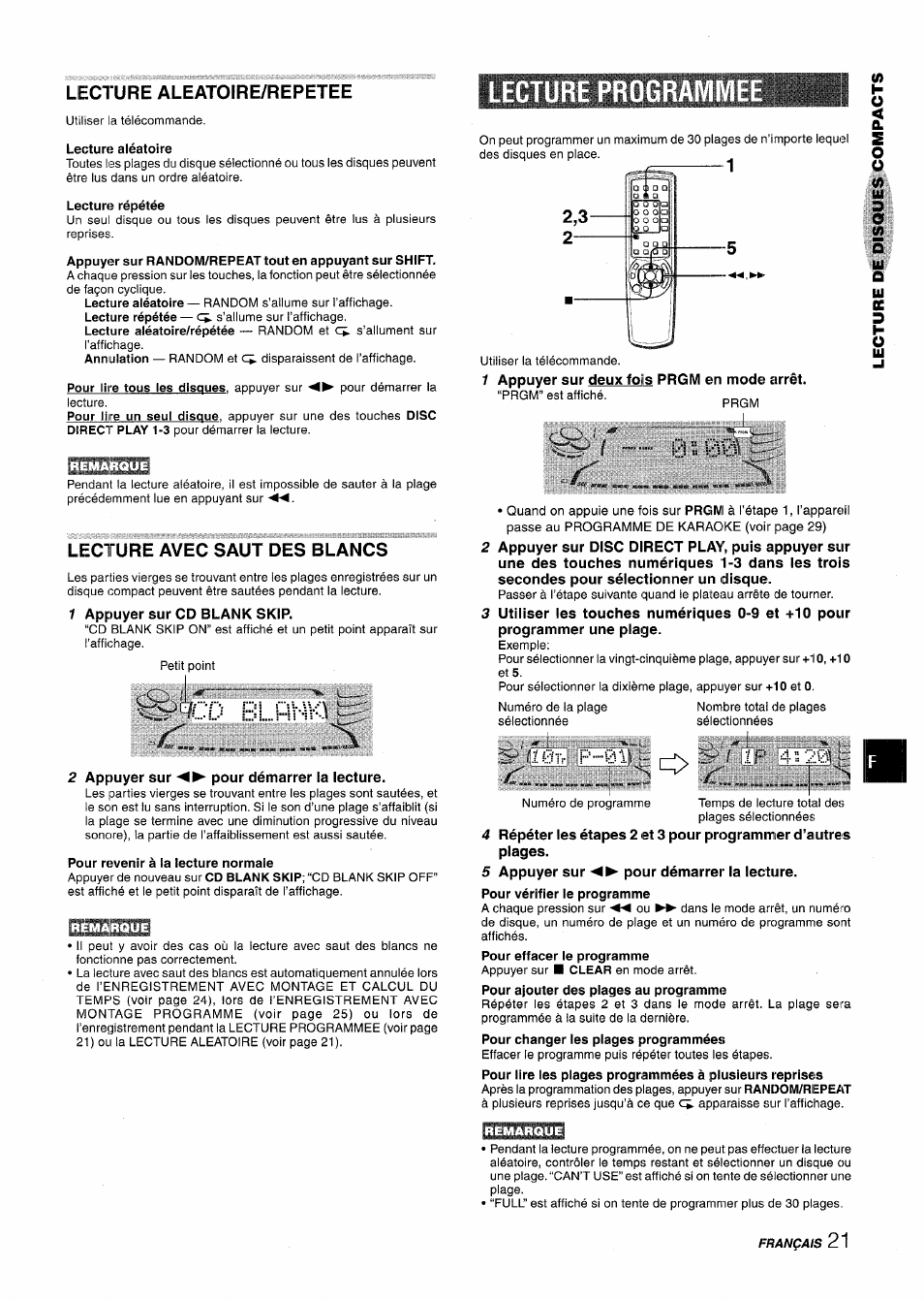 Lecture aleatoire/repetee, Lecture avec saut des blancs, Blpit-'vkî | Lecture programme, Lecture programmee, Français, Appuyer sur cd blank skip, Appuyer sur, Pour démarrer la lecture, Appuyer sur deux fois prgm en mode arrêt | Aiwa NSX-MT725 User Manual | Page 89 / 104