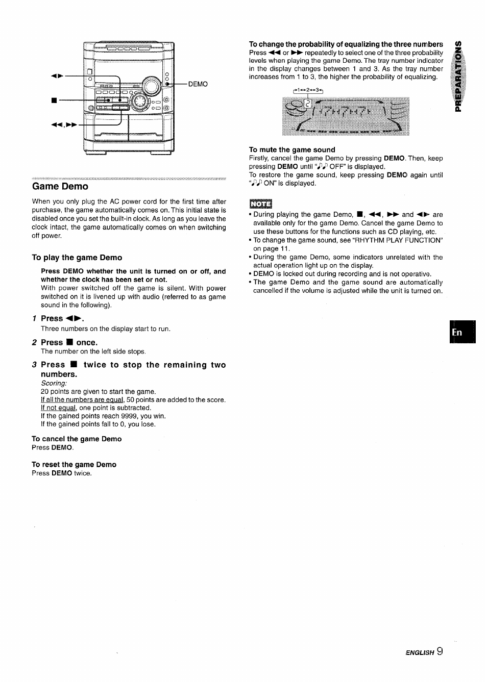 Game demo, To play the game demo, 1 press | 2 press ■ once, 3 press ■ twice to stop the remaining two numbers | Aiwa NSX-MT725 User Manual | Page 9 / 104
