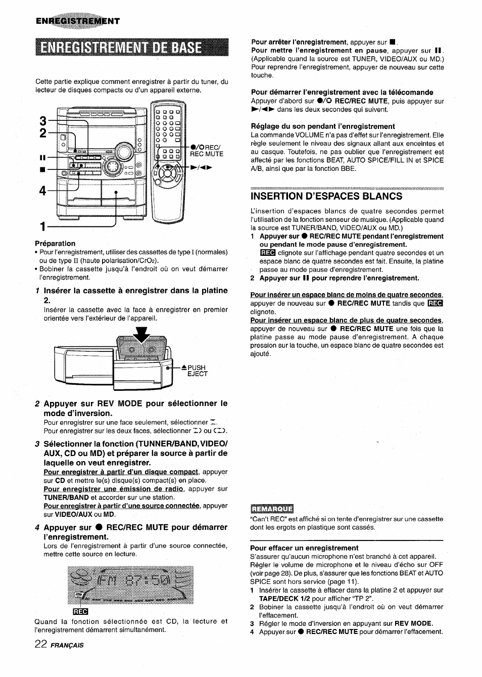 Enregistrement de base, Insertion d’espaces blancs, Français | Enregistrement, Insérer la cassette à enregistrer dans la platine | Aiwa NSX-MT725 User Manual | Page 90 / 104
