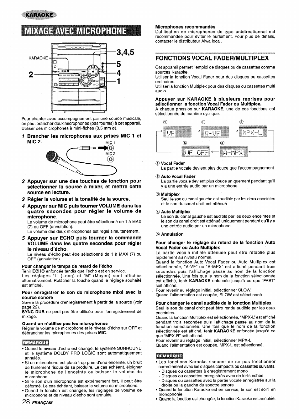 Mixage avec microphon, Microphones recommandés, Fonctions vocal fader/multiplex | Vocal fader, Annulation, Pïpx, Français, Uf- off, Karaoke | Aiwa NSX-MT725 User Manual | Page 96 / 104