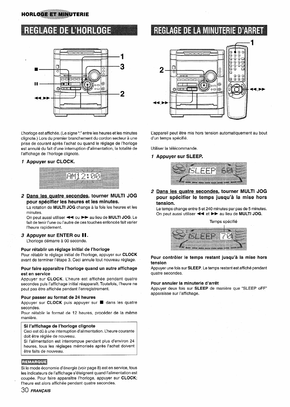 Reglage de la minuterie d’arret, Appuyer sur clock, 3 appuyer sur enter ou ii | Pour rétablir un réglage initial de l’horloge, Pour passer au format de 24 heures, 1 appuyer sur sleep, Pour annuier ia minuterie d’arrêt, Reglage de l’horloge, Horloge et minuterie, Appuyer sur enter ou ii | Aiwa NSX-MT725 User Manual | Page 98 / 104