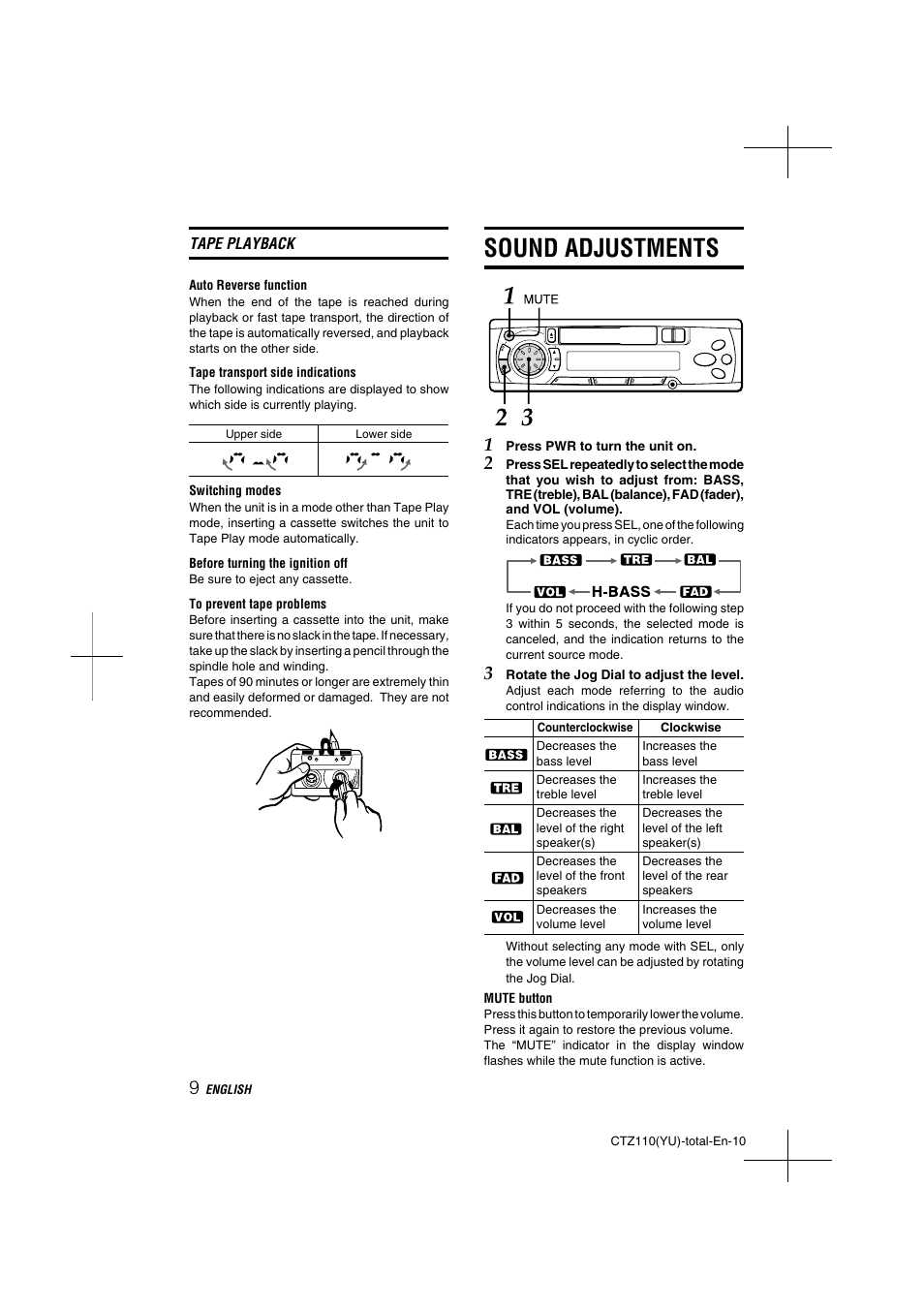 Sound adjustments | Aiwa CT-Z110 User Manual | Page 10 / 44