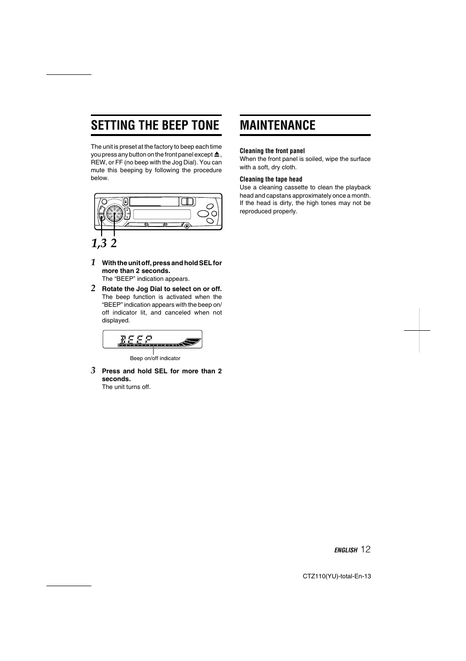 Setting the beep tone, Maintenance | Aiwa CT-Z110 User Manual | Page 13 / 44