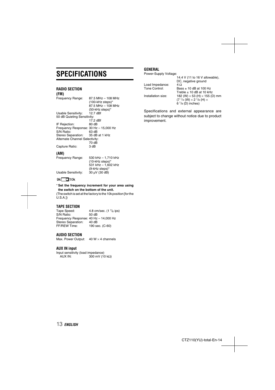 Specifications | Aiwa CT-Z110 User Manual | Page 14 / 44