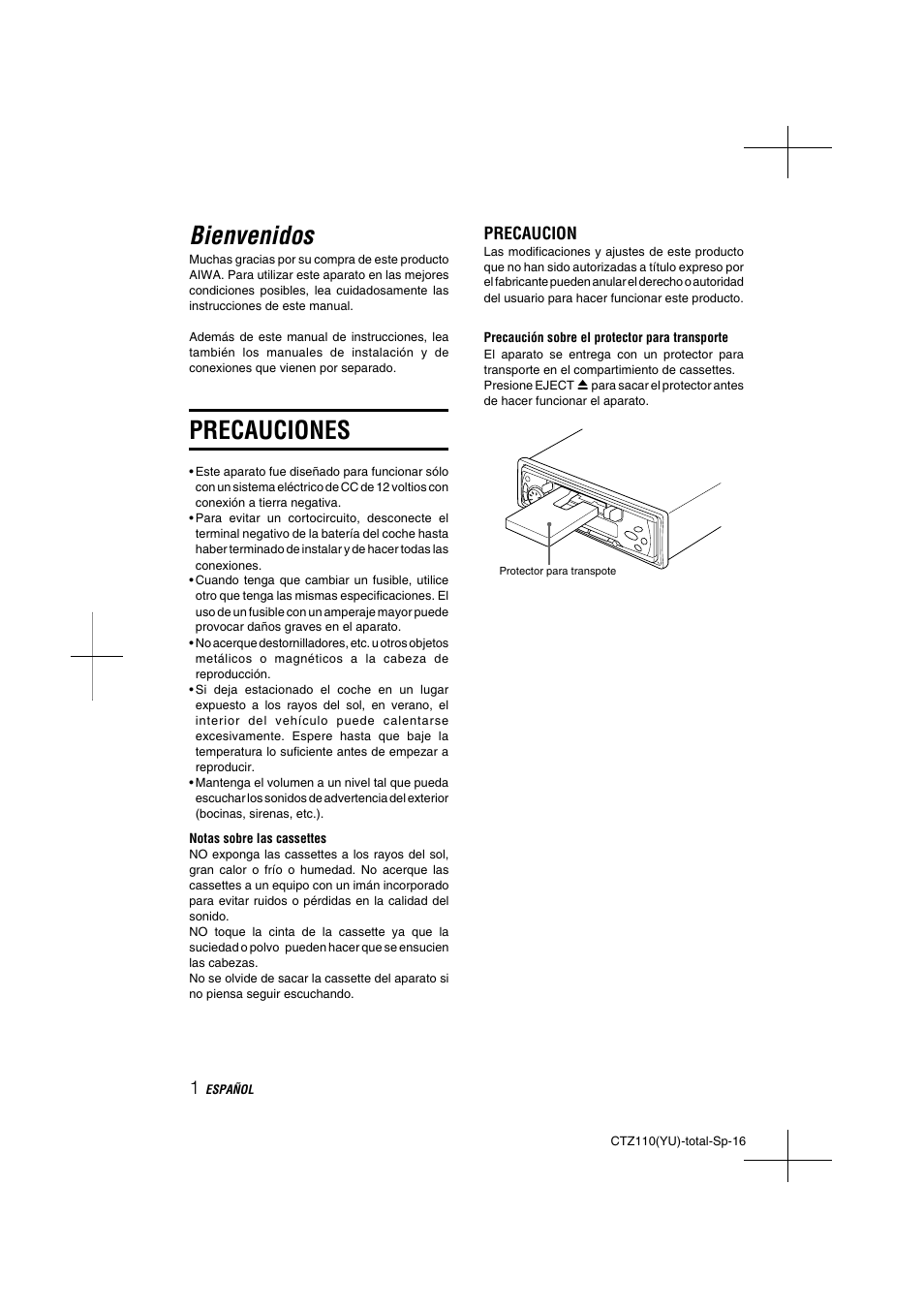 Bienvenidos, Precauciones, Precaucion | Aiwa CT-Z110 User Manual | Page 16 / 44