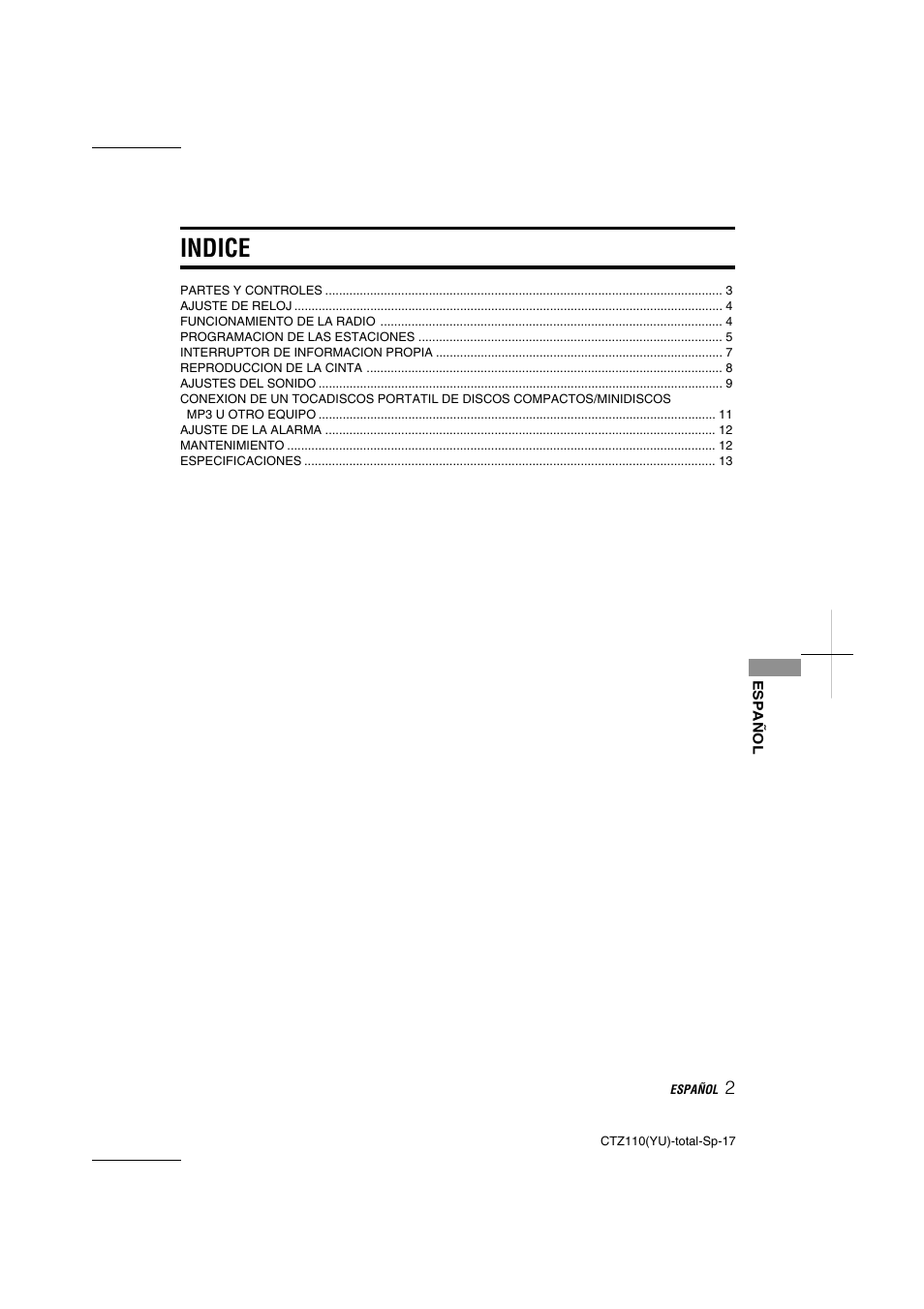 Indice | Aiwa CT-Z110 User Manual | Page 17 / 44