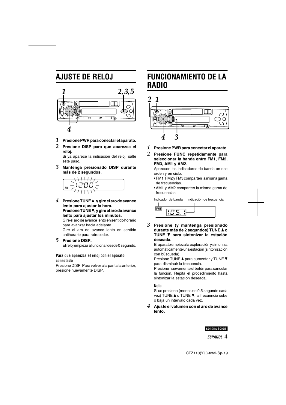 Ajuste de reloj, Funcionamiento de la radio | Aiwa CT-Z110 User Manual | Page 19 / 44