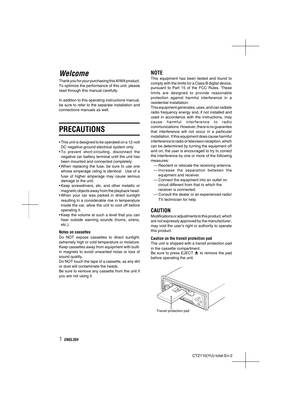 Welcome, Precautions, Caution | Aiwa CT-Z110 User Manual | Page 2 / 44