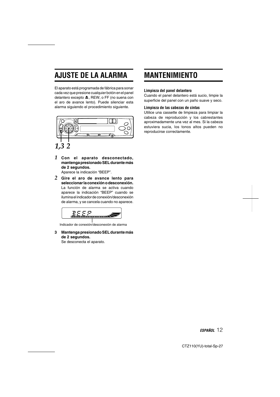 Mantenimiento, Ajuste de la alarma | Aiwa CT-Z110 User Manual | Page 27 / 44