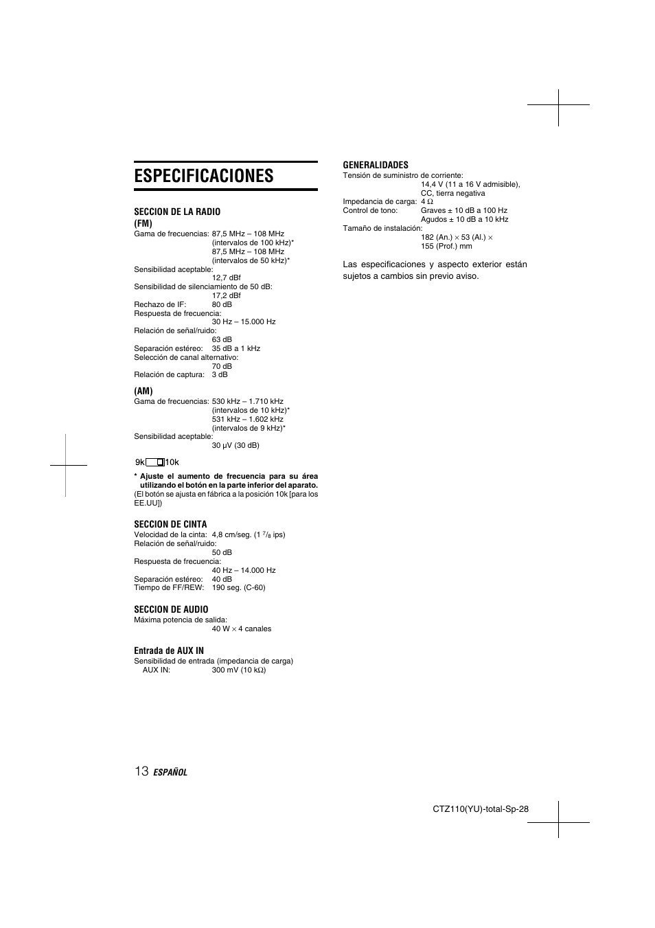 Especificaciones | Aiwa CT-Z110 User Manual | Page 28 / 44