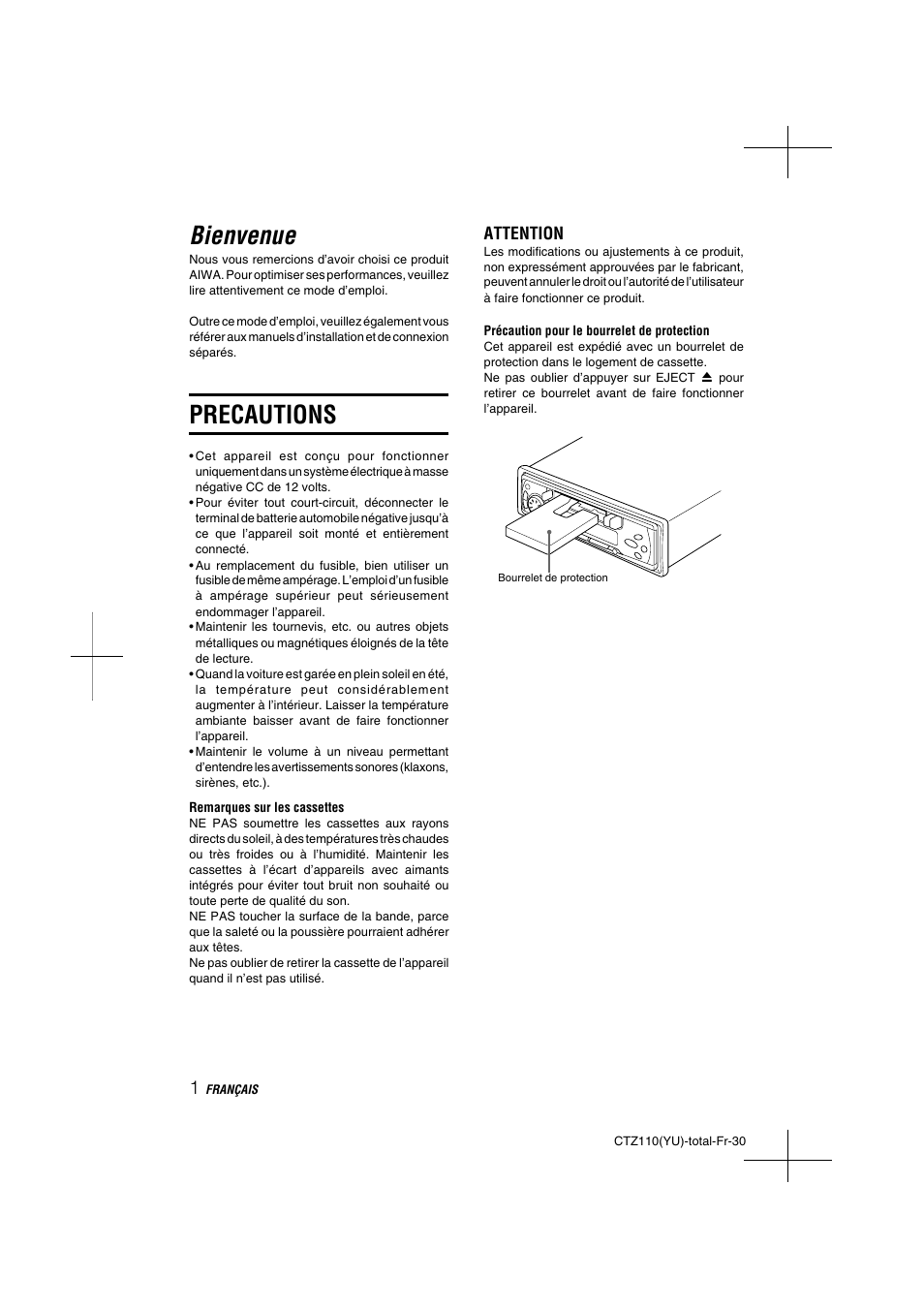 Bienvenue, Precautions, Attention | Aiwa CT-Z110 User Manual | Page 30 / 44