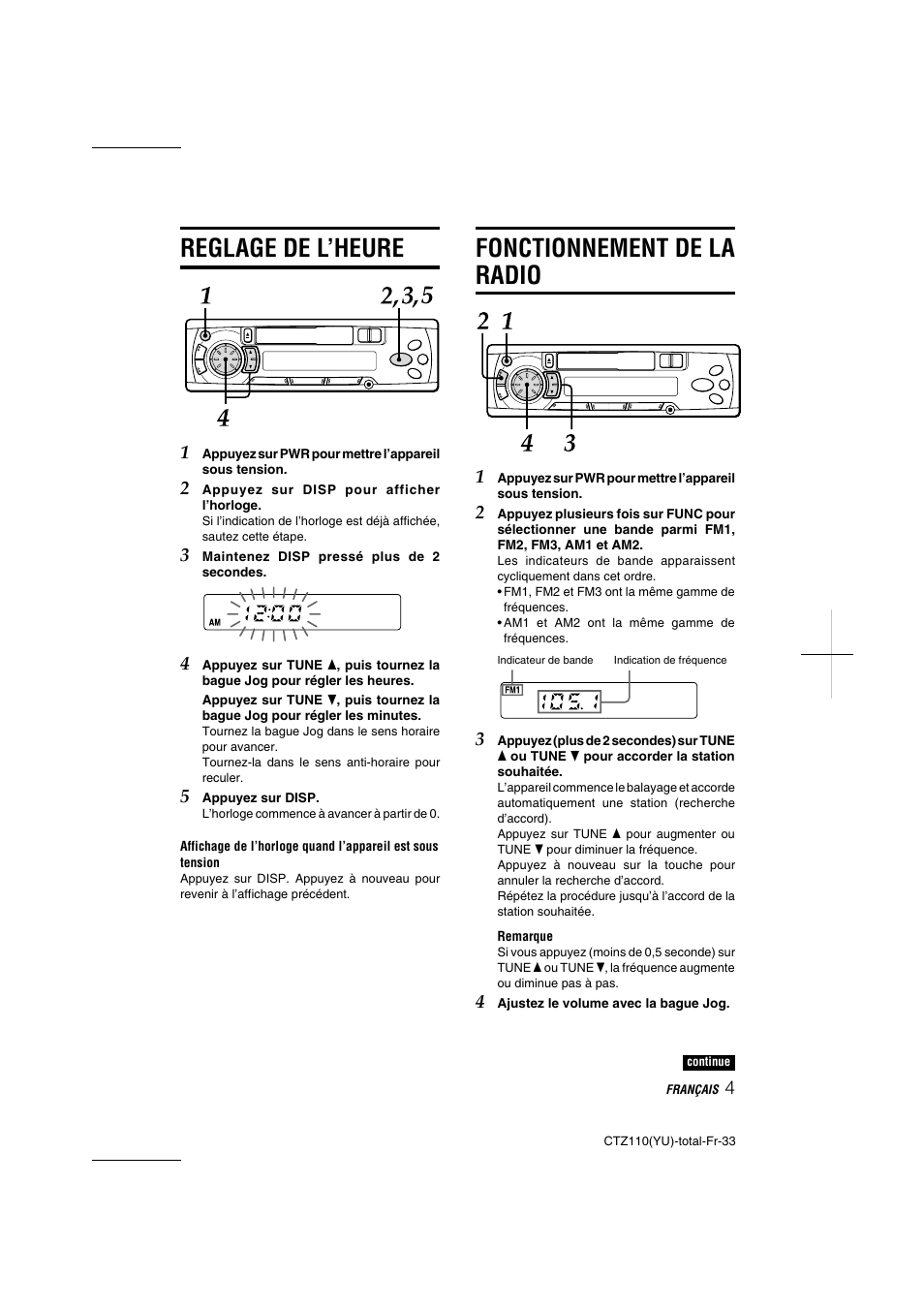 Reglage de l’heure, Fonctionnement de la radio | Aiwa CT-Z110 User Manual | Page 33 / 44