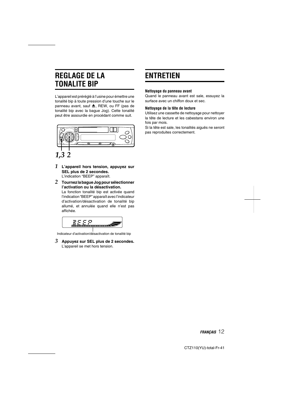 Entretien, Reglage de la tonalite bip | Aiwa CT-Z110 User Manual | Page 41 / 44