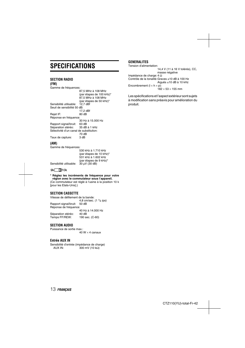 Specifications | Aiwa CT-Z110 User Manual | Page 42 / 44