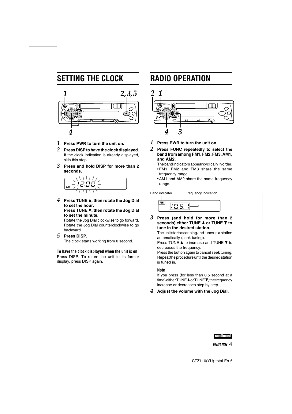 Setting the clock, Radio operation | Aiwa CT-Z110 User Manual | Page 5 / 44