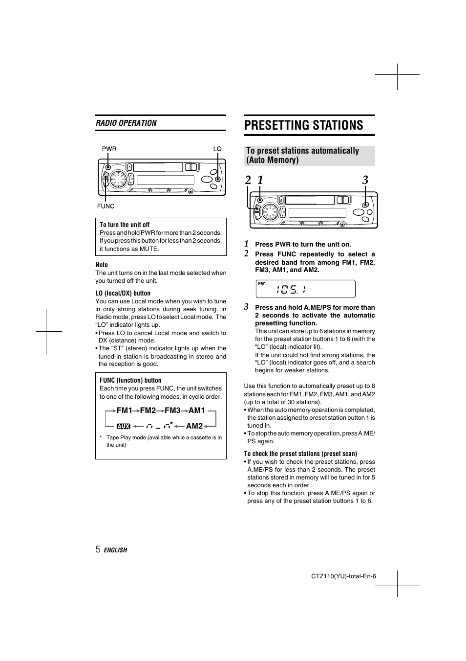 Presetting stations | Aiwa CT-Z110 User Manual | Page 6 / 44