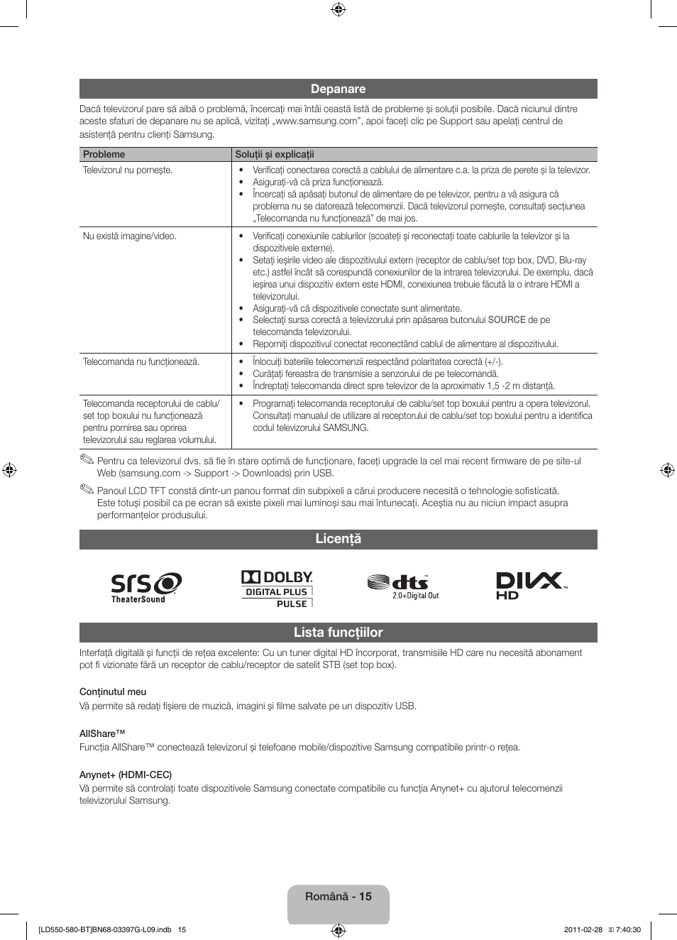 Licenţă lista funcţiilor | Samsung LE32D550K1W User Manual | Page 127 / 145