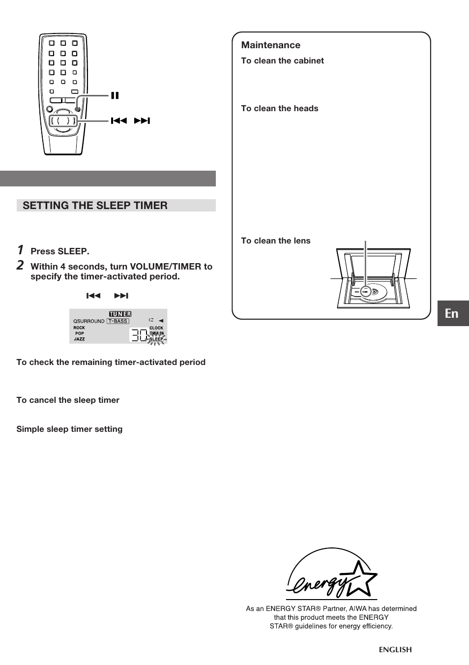 Setting the sleep timer | Aiwa CSD-NS1 User Manual | Page 13 / 14