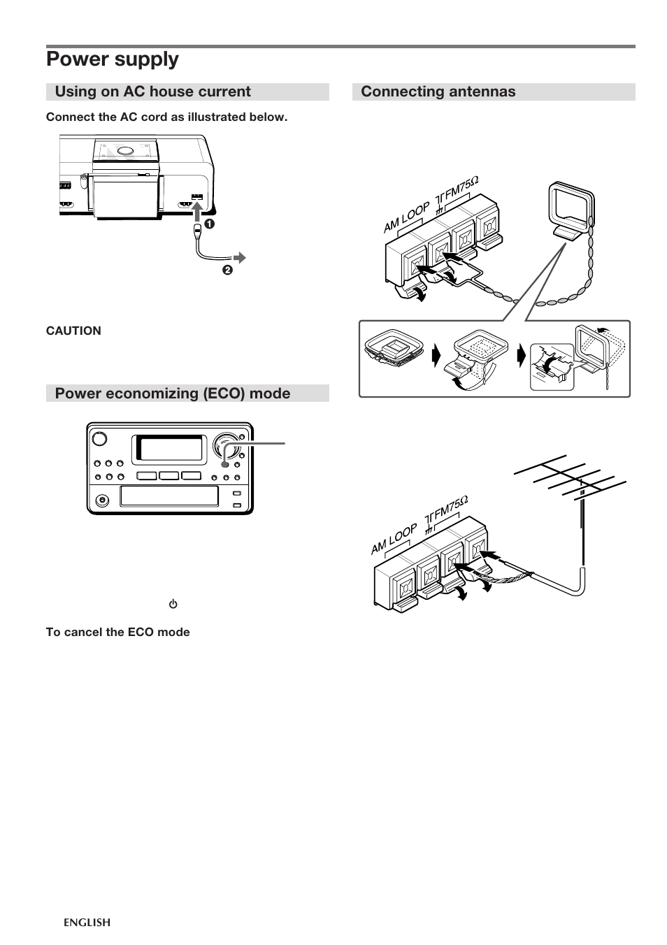 Power supply, Connecting antennas, Using on ac house current | Power economizing (eco) mode | Aiwa CSD-NS1 User Manual | Page 4 / 14