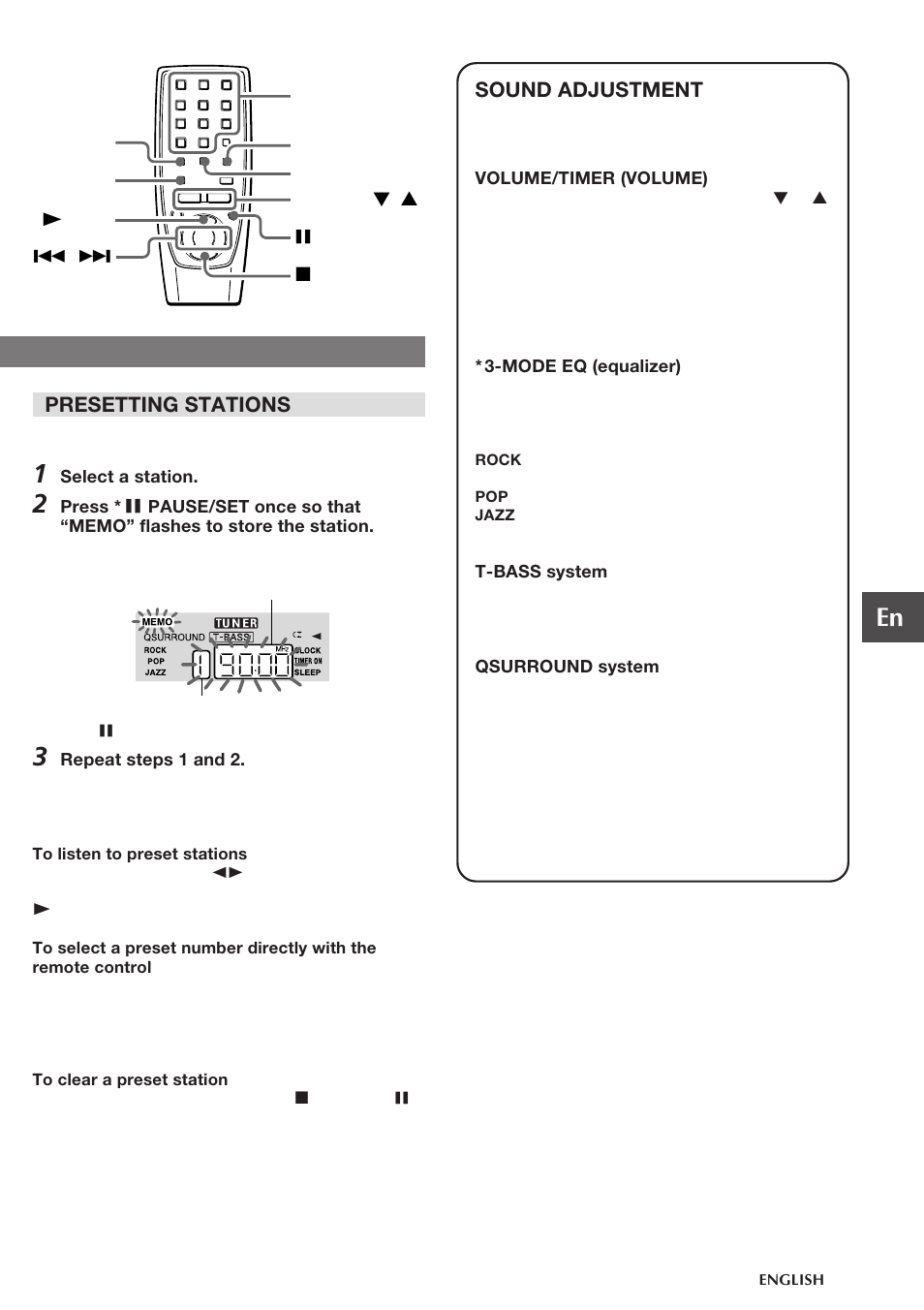 Presetting stations, Sound adjustment | Aiwa CSD-NS1 User Manual | Page 7 / 14