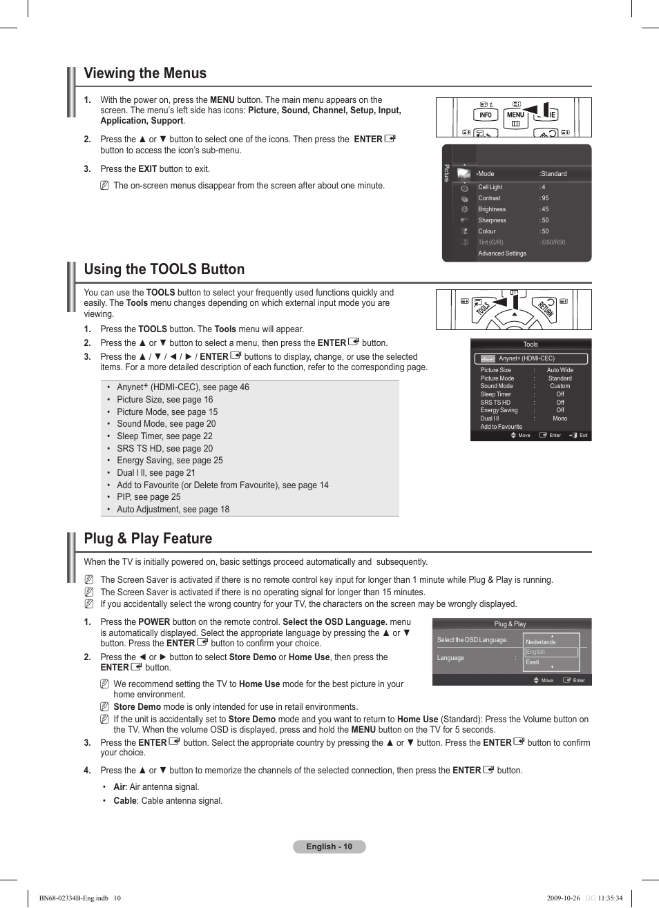 Viewing the menus, Using the tools button, Plug & play feature | Samsung PS58B850Y1W User Manual | Page 10 / 654